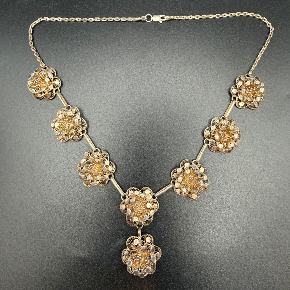 Vintage Flower Filigree Necklace Sterling Silver Floral Drop Antique 16 Inch - Picture 9 of 16